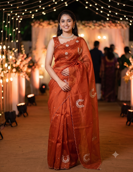 Burnt Orange Organza Saree With Ari Work, With Unstitched Blouse