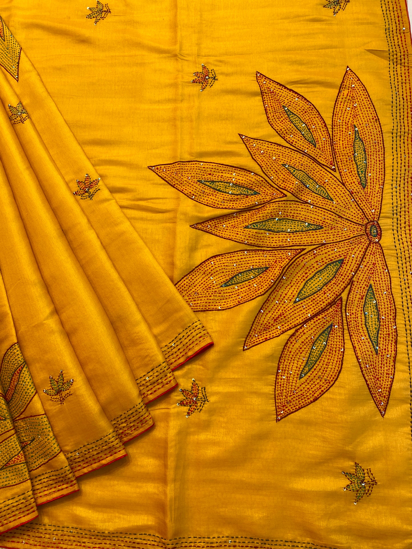 Mustard Yellow Semi Munga Silk French Knot Hand Embroidery Work Saree, With Unstiched Blouse