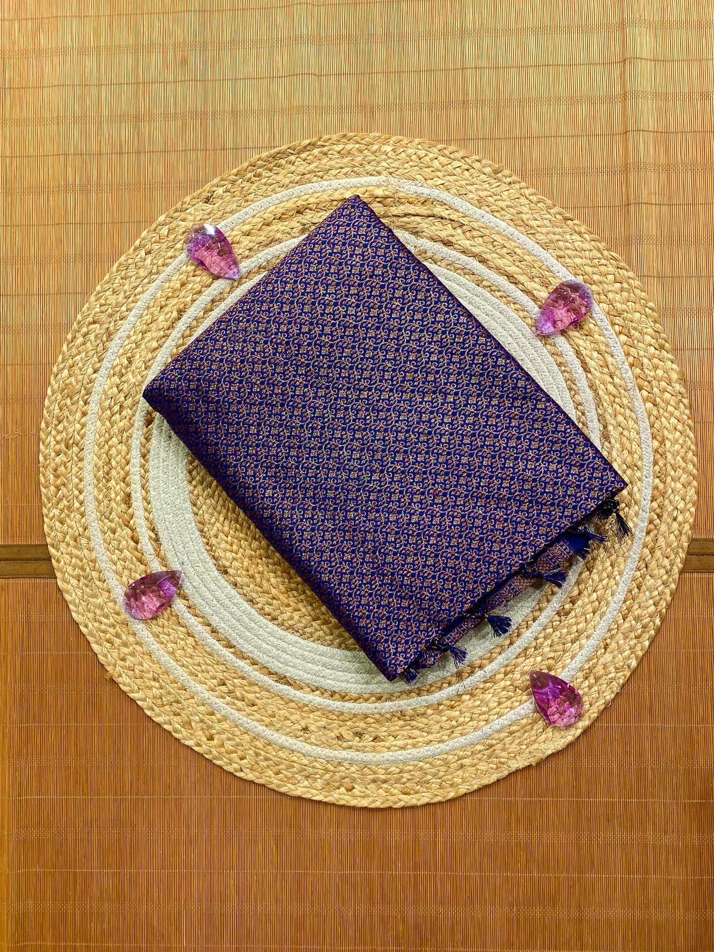 Navy Blue Semi Katan Brocade Silk Saree, With Unstiched Blouse
