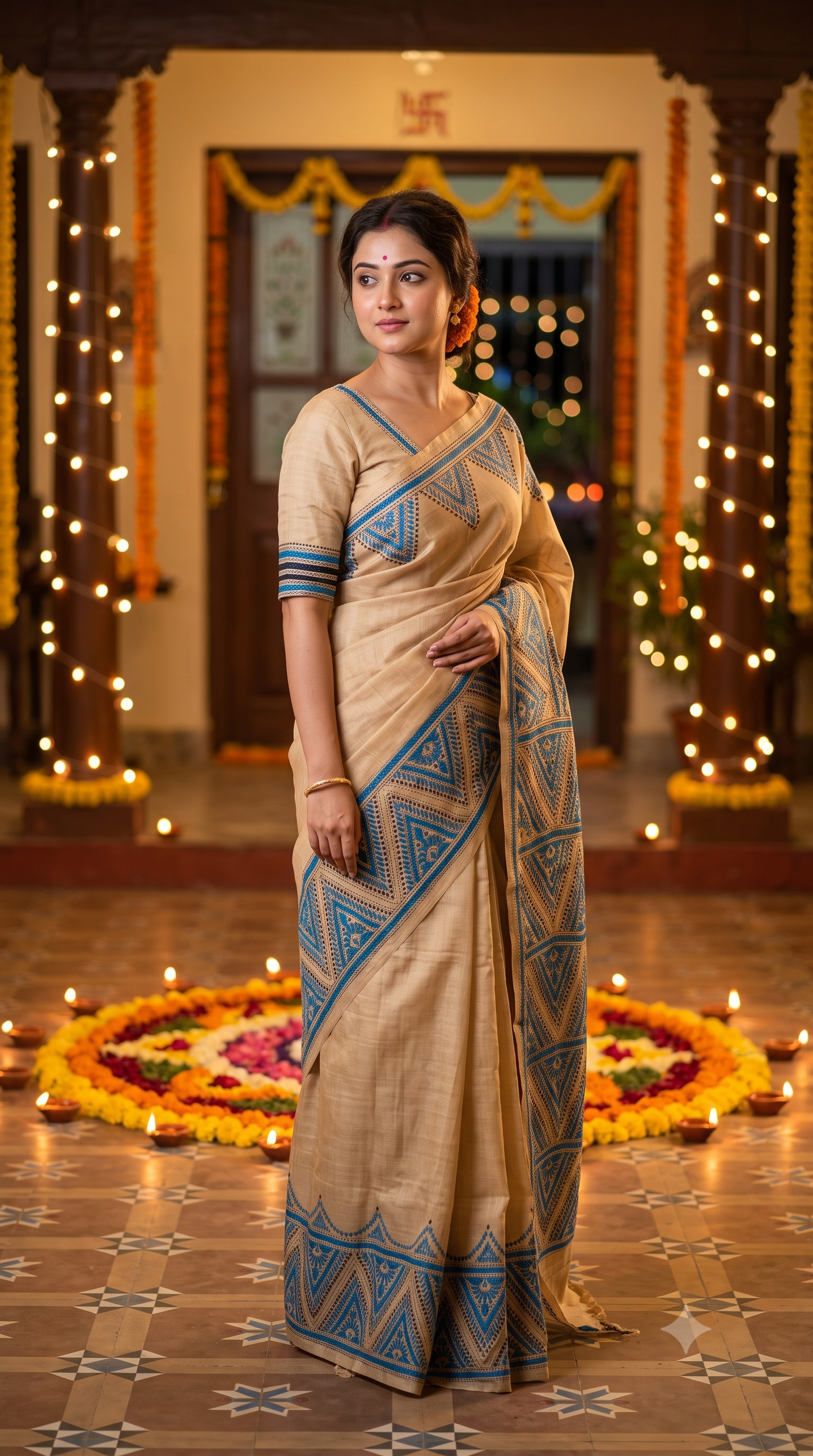 Beige Tussar Embroidery Saree With Kantha Work Border, With Unstitched Blouse
