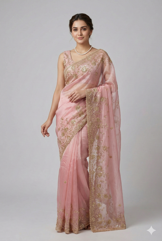 Pink tissue organza silk embroidery saree with unstiched blouse, perfect for party wear by Saarang Sarees.