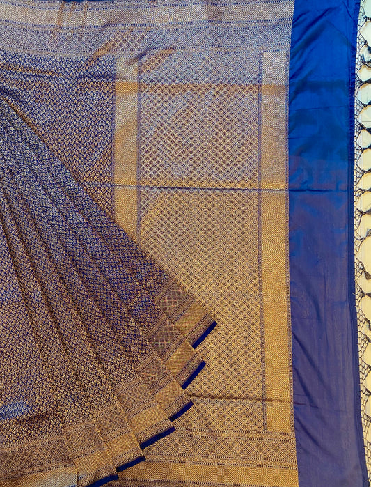Navy Blue Semi Katan Brocade Silk Saree, With Unstiched Blouse