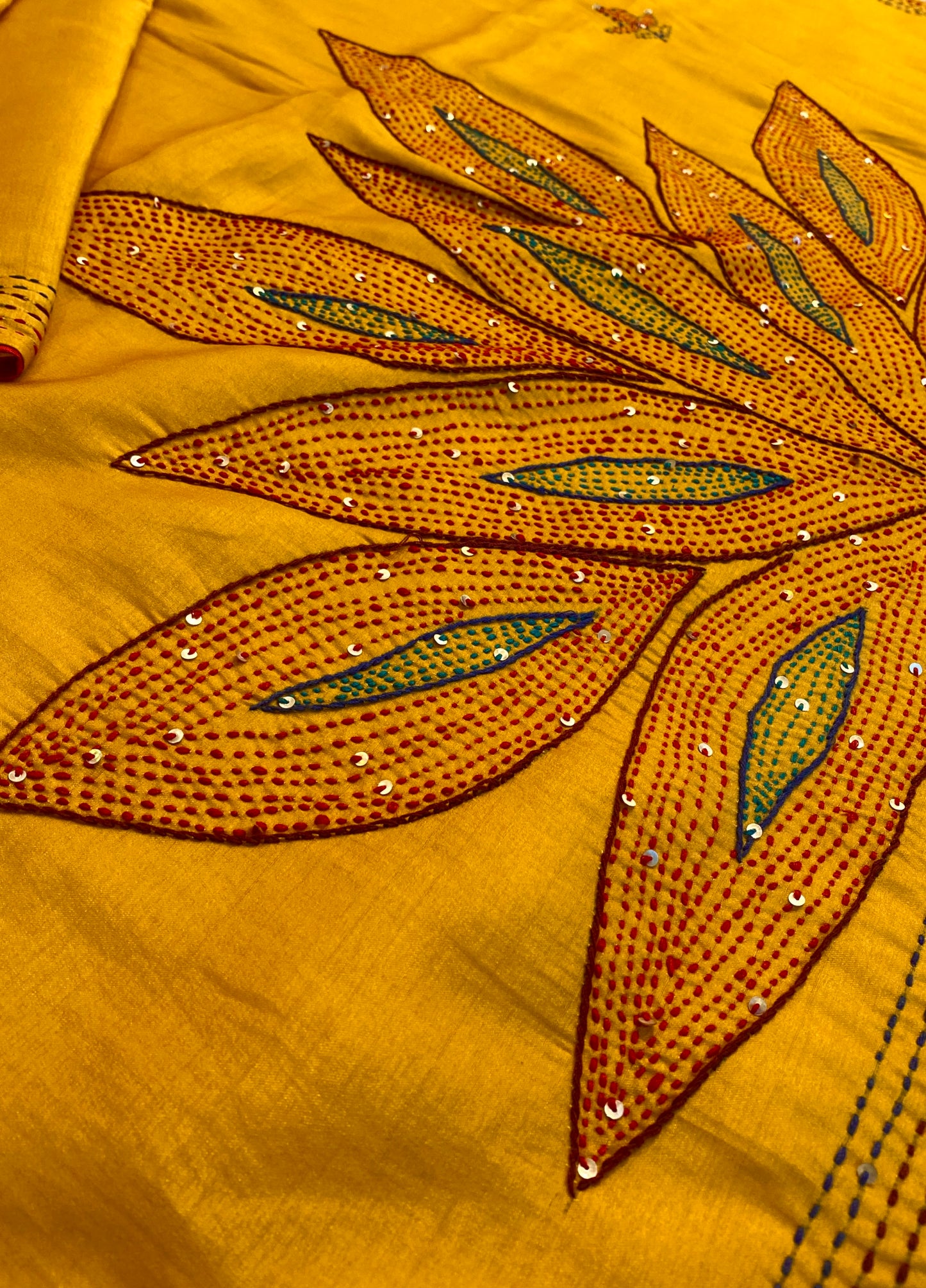 Mustard Yellow Semi Munga Silk French Knot Hand Embroidery Work Saree, With Unstiched Blouse