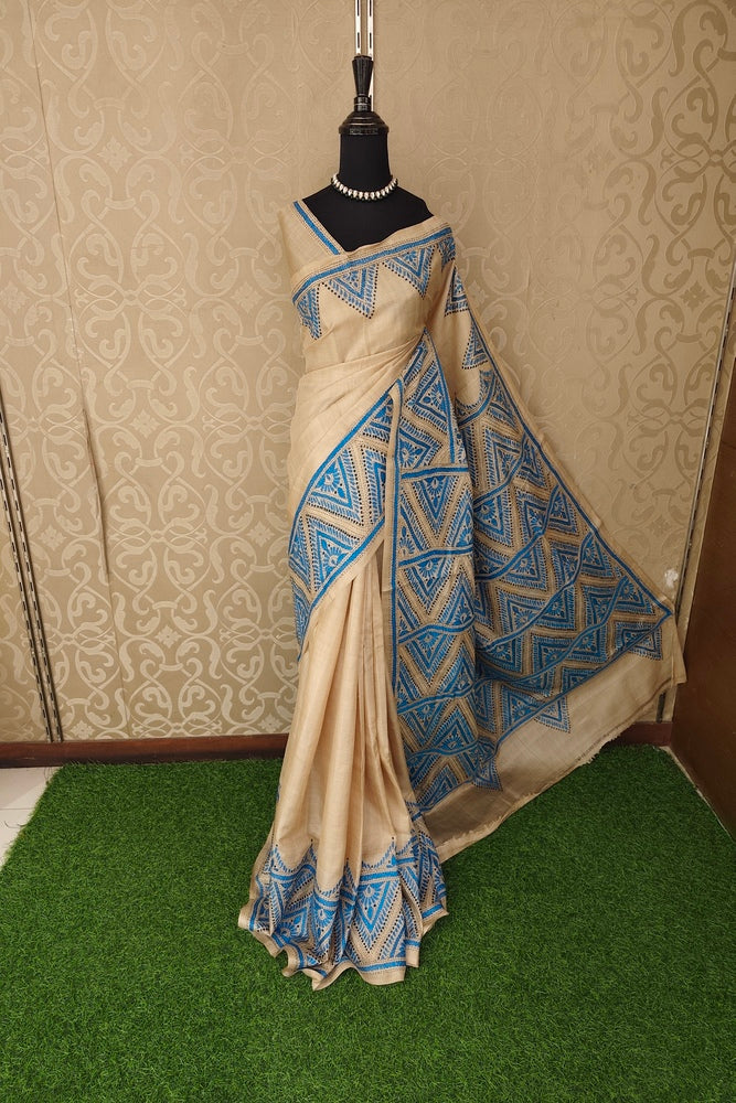 Beige Tussar Embroidery Saree With Kantha Work Border, With Unstitched Blouse