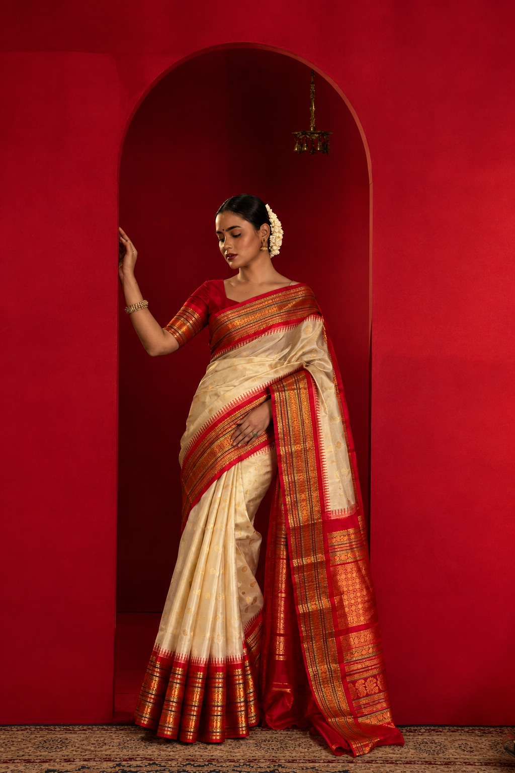 Off-White Gadwal Silk Sarees With Unstiched Blouse