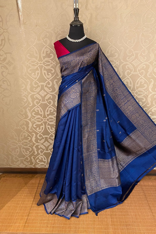 Indigo Blue Pure Raw Tussar Banarasi Silk Saree, Hand Woven Motifs With Unstiched Blouse