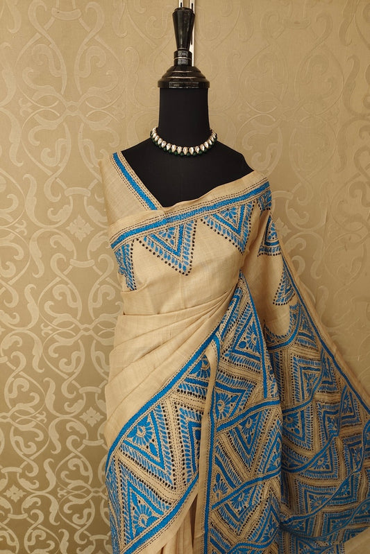 Beige Tussar Embroidery Saree With Kantha Work Border, With Unstitched Blouse