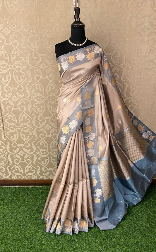 Light Coffee Katan Banarasi Saree Hand Woven Work, With Unstiched Blouse