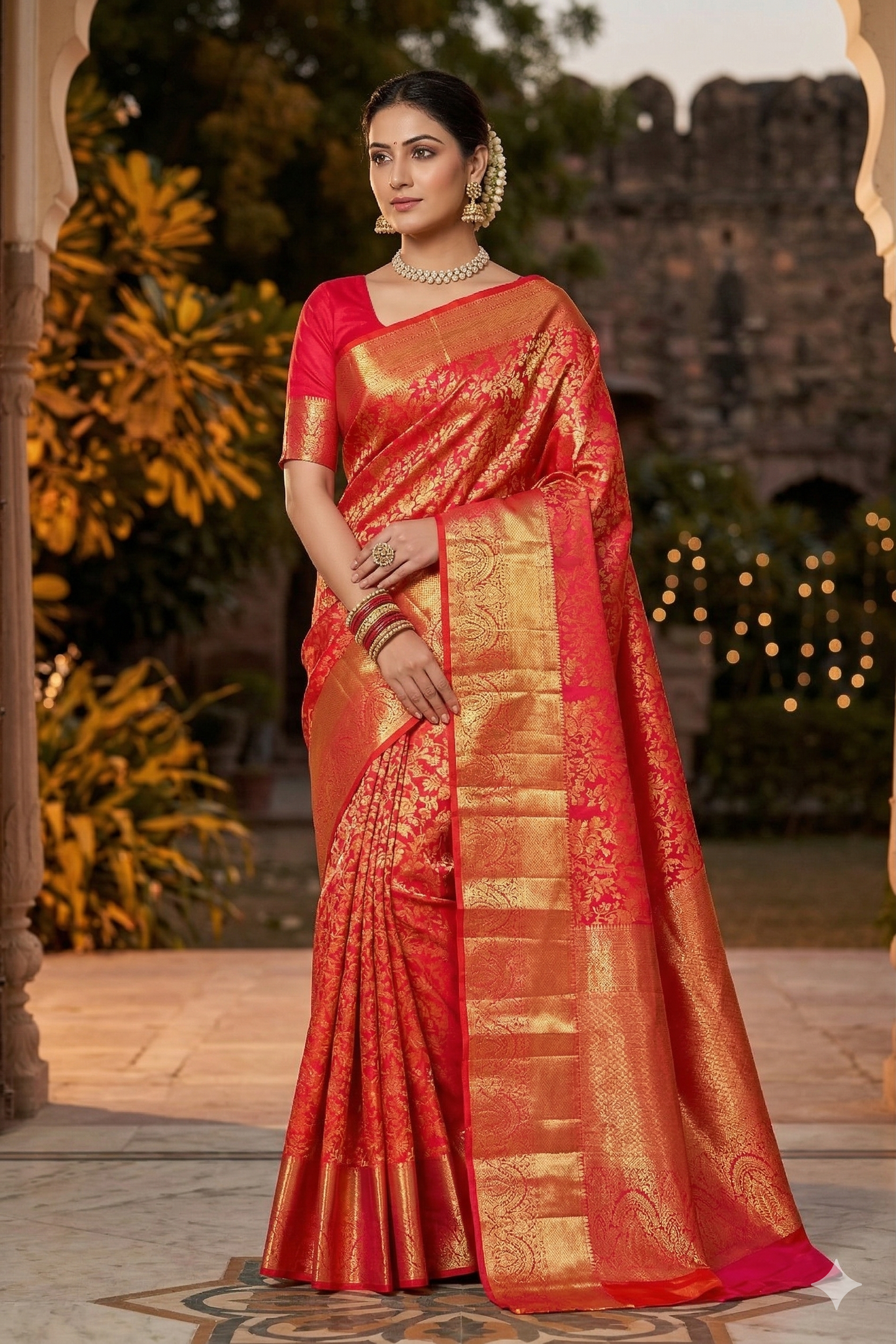 Cherry red pure Kanjeevaram silk saree with traditional design and unstiched blouse from Saarang Sarees, showcasing intricate weaving details.