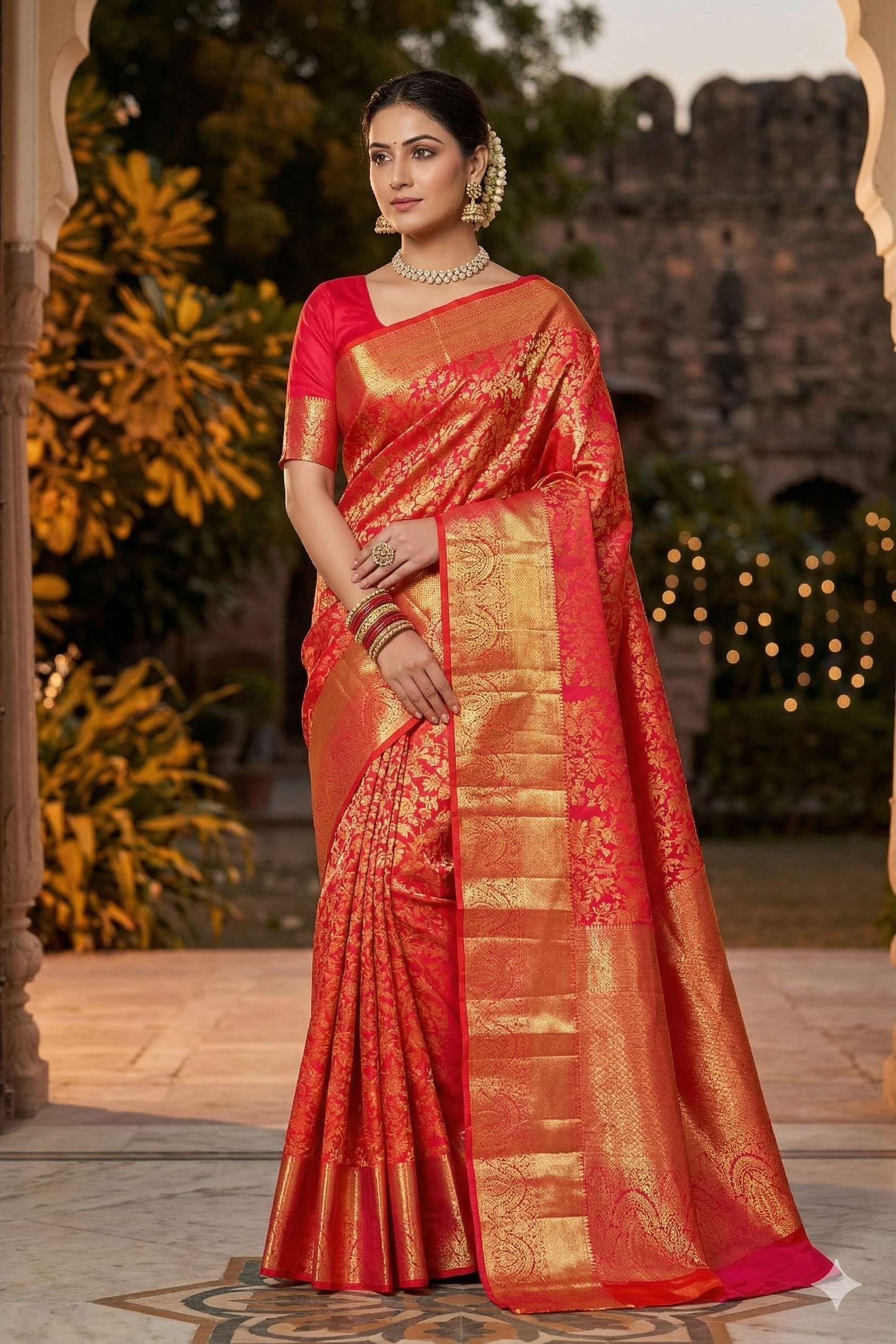 Cherry red pure Kanjeevaram silk saree with traditional design and unstiched blouse from Saarang Sarees, showcasing intricate weaving details.