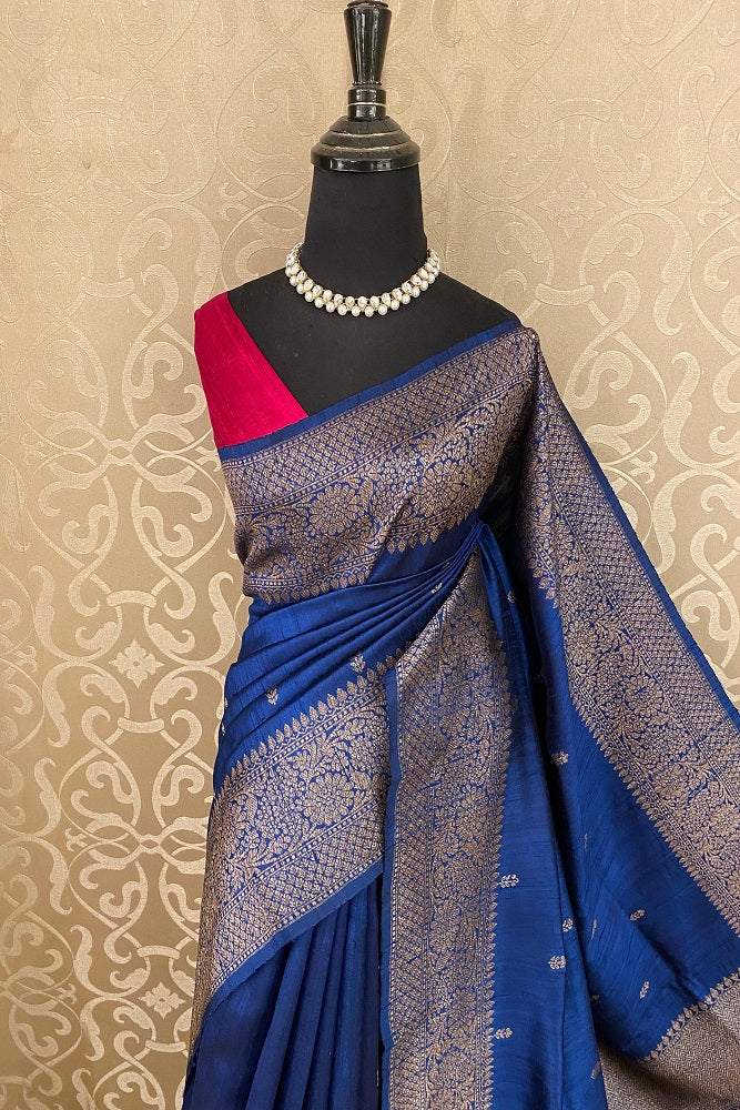 Indigo Blue Pure Raw Tussar Banarasi Silk Saree, Hand Woven Motifs With Unstiched Blouse