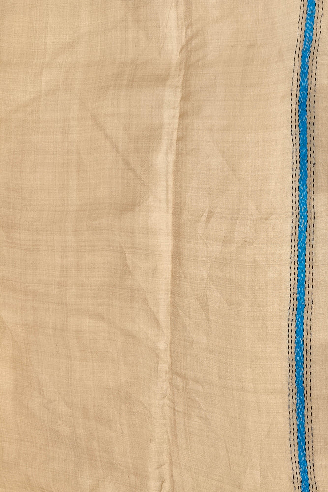 Beige Tussar Embroidery Saree With Kantha Work Border, With Unstitched Blouse