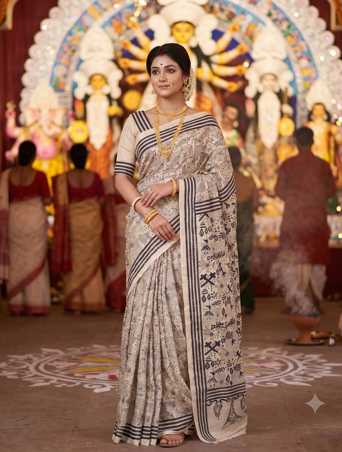 Beige & Black Tussar Embroidery Saree With Kantha Work Border, With Unstitched Blouse