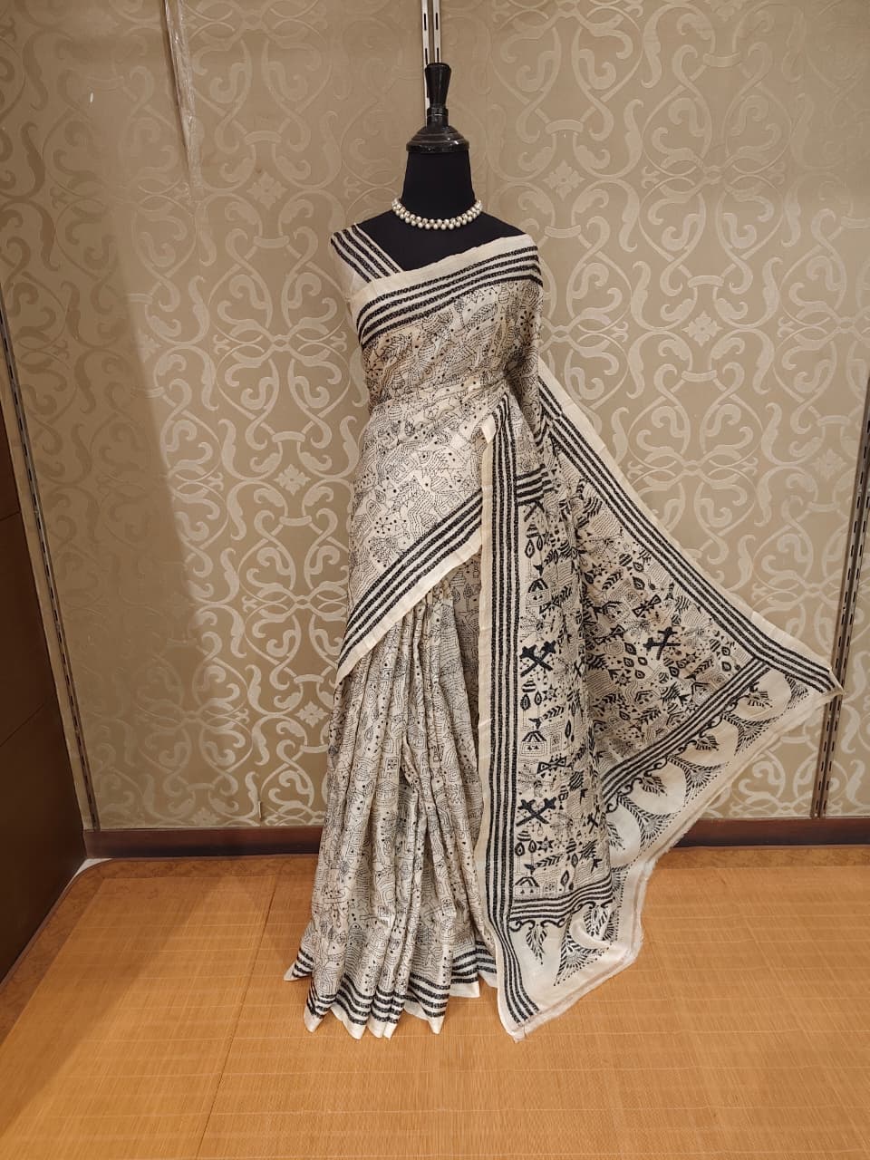 Beige & Black Tussar Embroidery Saree With Kantha Work Border, With Unstitched Blouse
