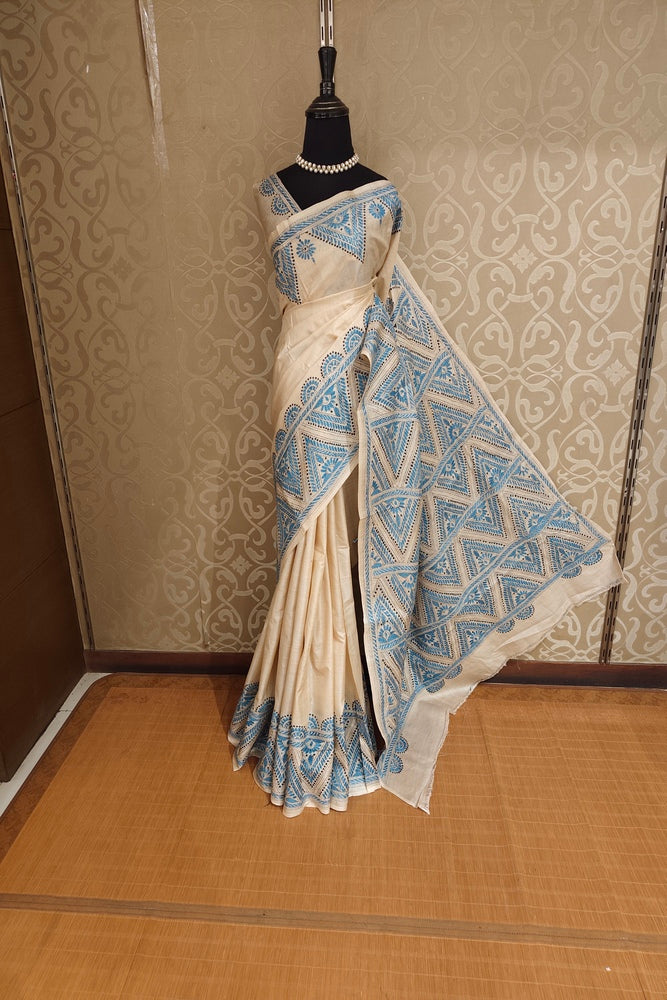 Beige Tussar Embroidery Saree With Kantha Work Border, With Unstitched Blouse