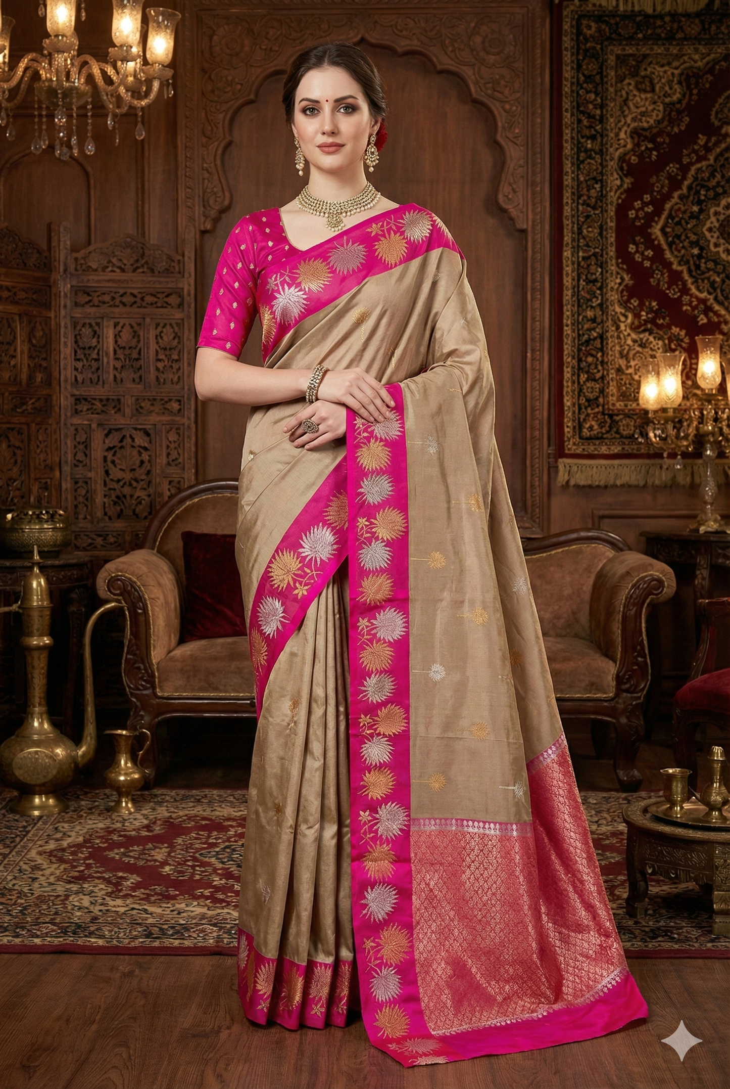 Deep Beige Katan Banarasi Saree Hand Woven Work, With Unstiched Blouse