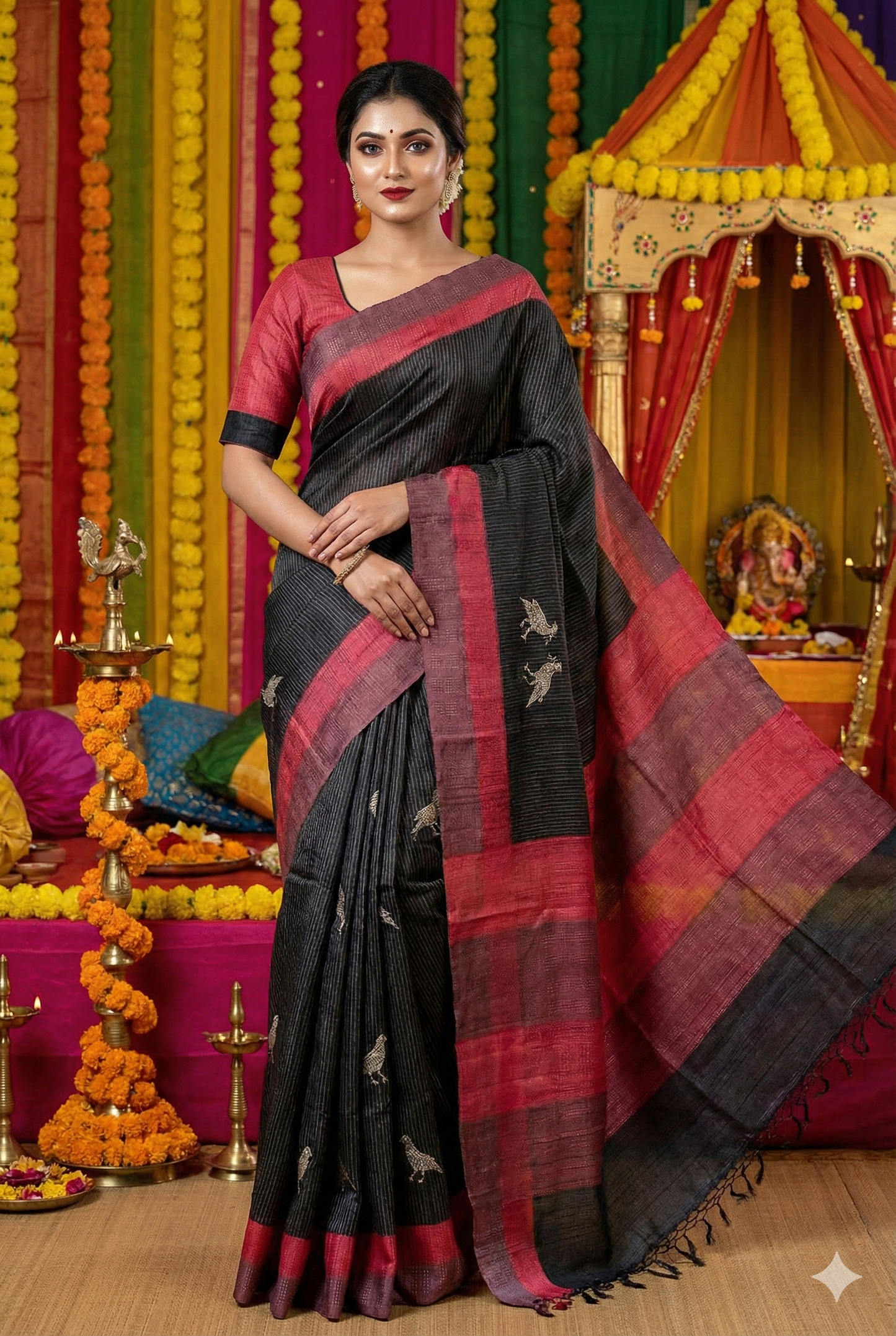 Dark Grey Tussar Silk Printed Saree, With Unstiched Blouse - Saarang Sarees