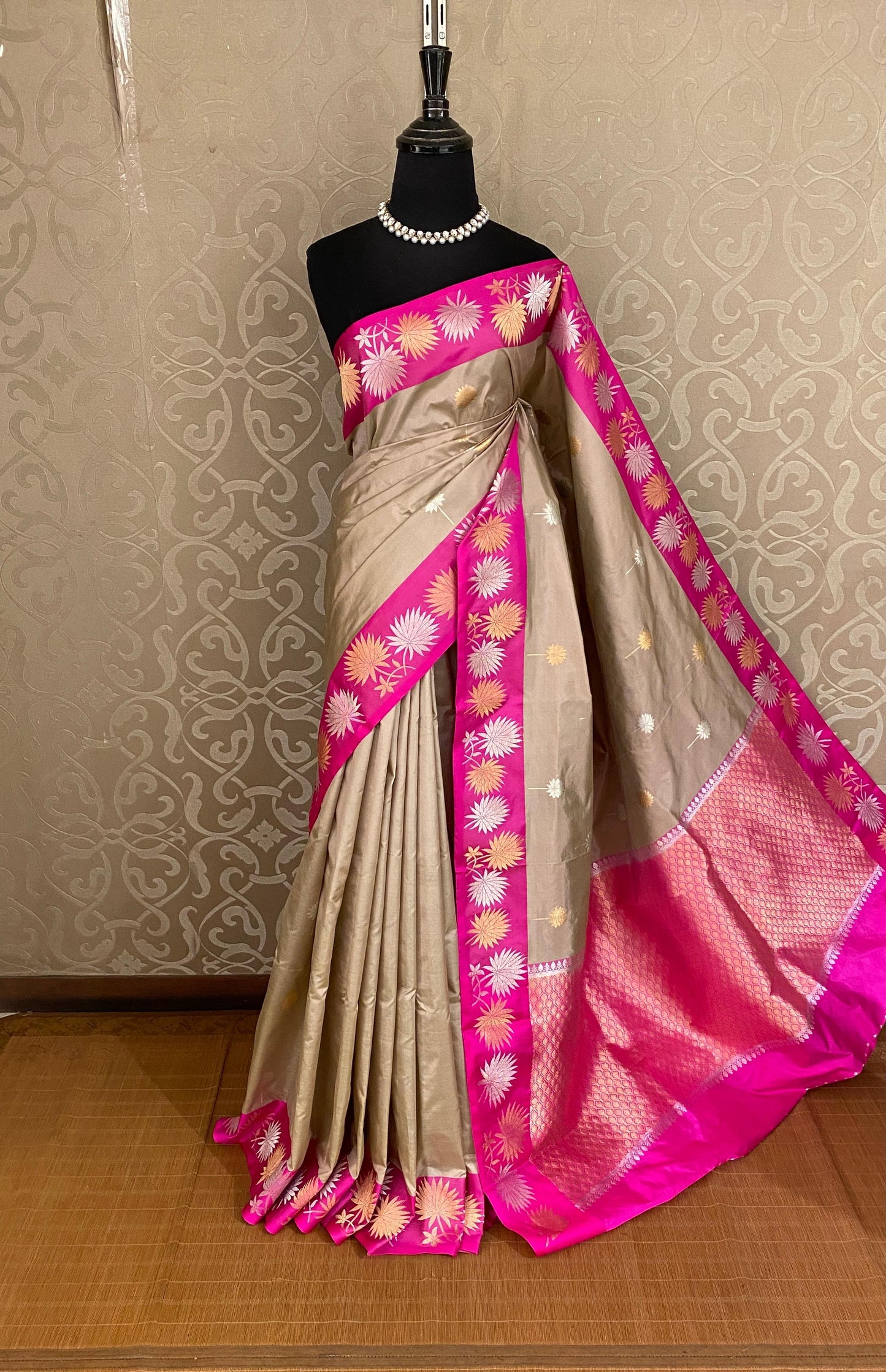Deep Beige Katan Banarasi Saree Hand Woven Work, With Unstiched Blouse
