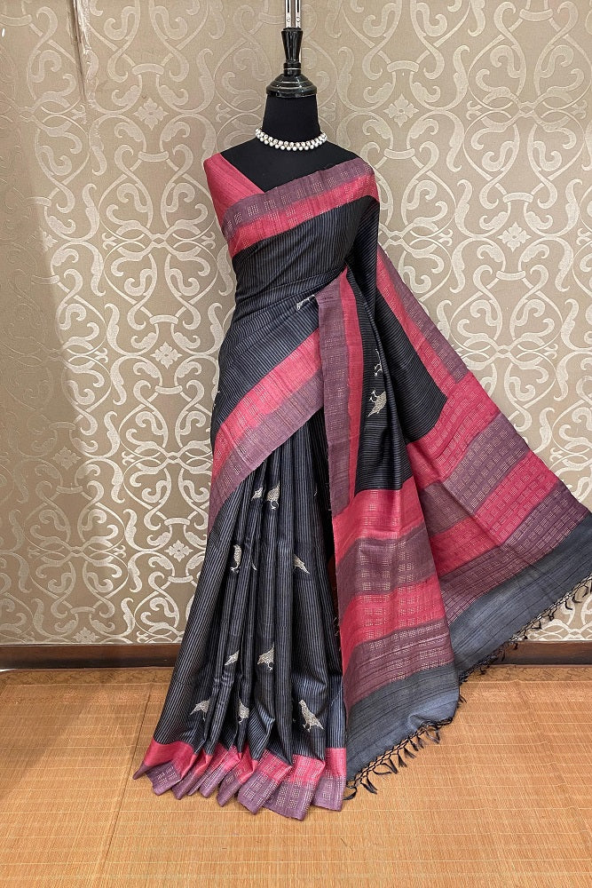 Dark Grey Tussar Silk Printed Saree, With Unstiched Blouse - Saarang Sarees