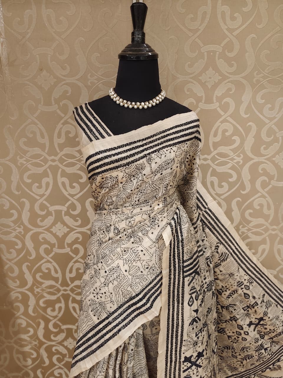 Beige & Black Tussar Embroidery Saree With Kantha Work Border, With Unstitched Blouse