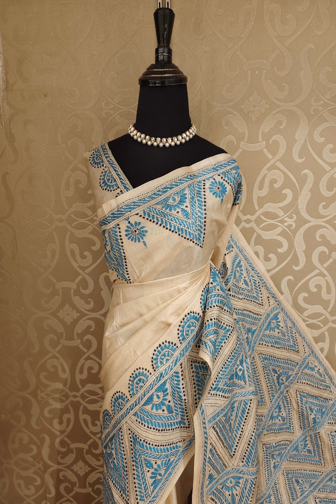 Beige Tussar Embroidery Saree With Kantha Work Border, With Unstitched Blouse