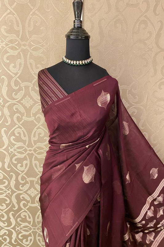 Brownish Red Soft Katan Silk Saree, With Unstich Blouse