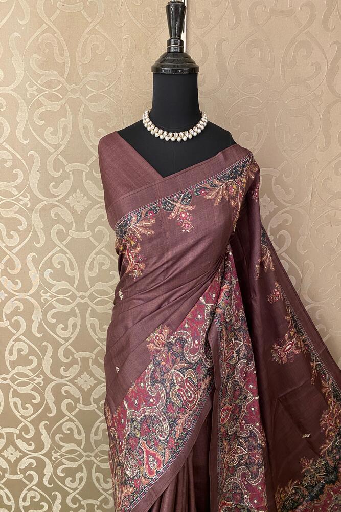 Chocolate Brown Tussar Silk Printed Saree With Aari Work Border, With Unstiched Blouse