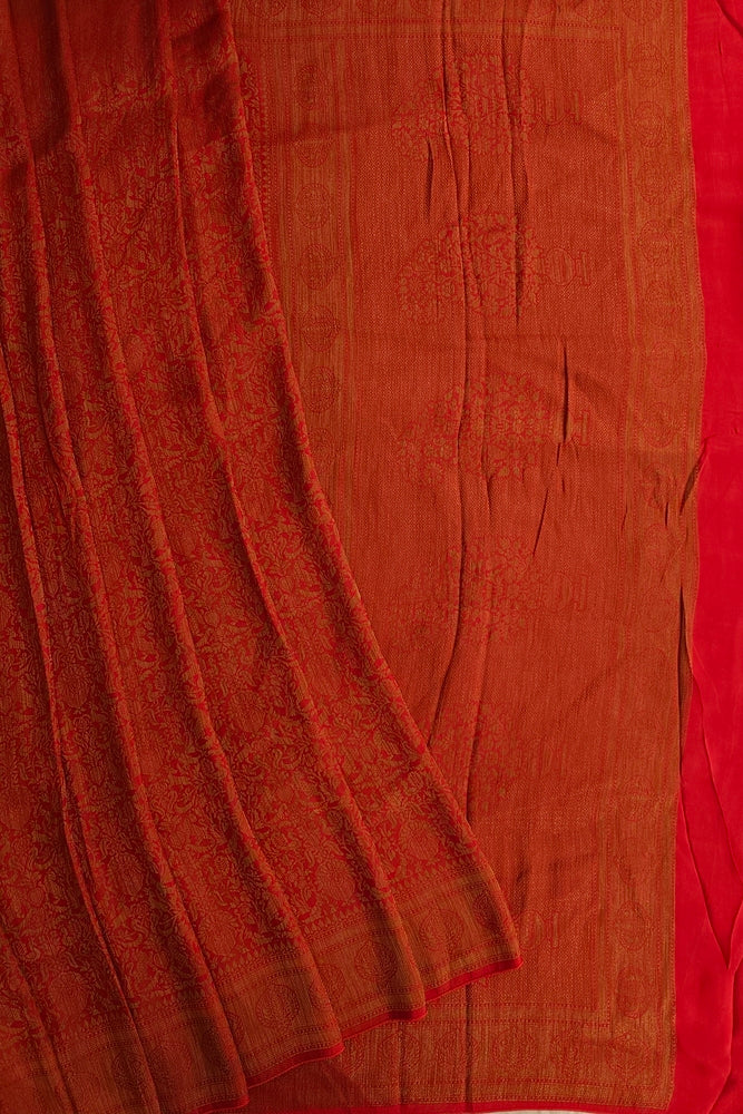 Red Semi Brocade Silk Saree, With Unstiched Blouse