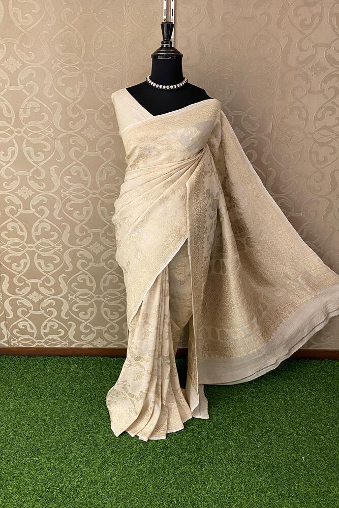 Off-White Tussar Khaddi Hand Weaving Saree, With Unstiched Blouse