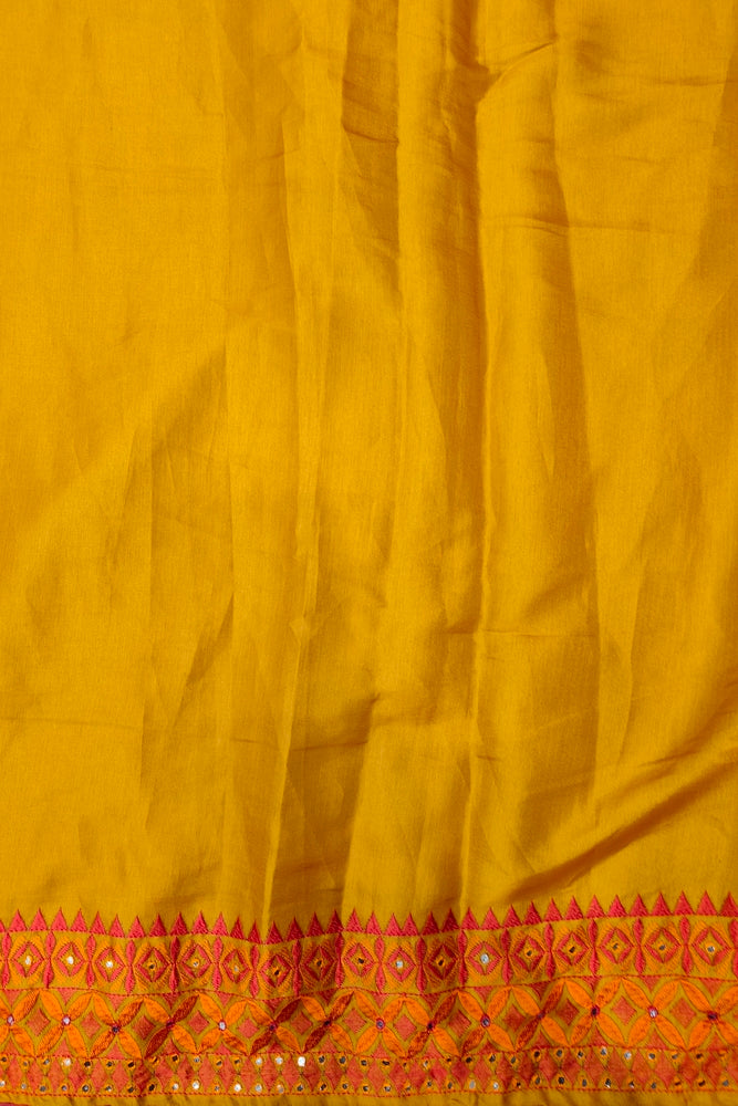 Mustard Yellow Semi Munga Silk Cross Stitch Work Saree, With Unstiched Blouse