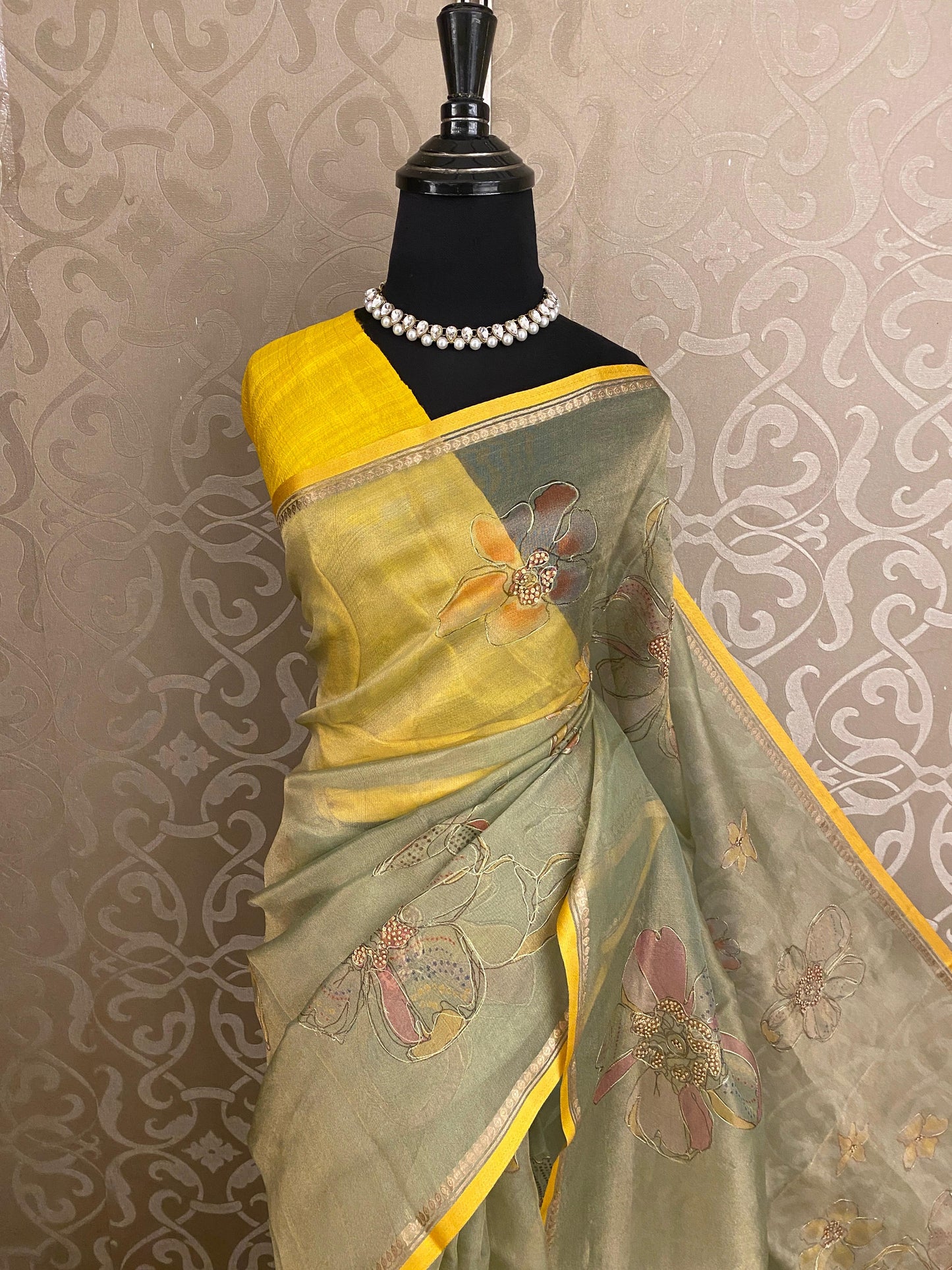 Light Pista Green Tissue Organza Silk With Ari Work Saree, With Unstiched Blouse