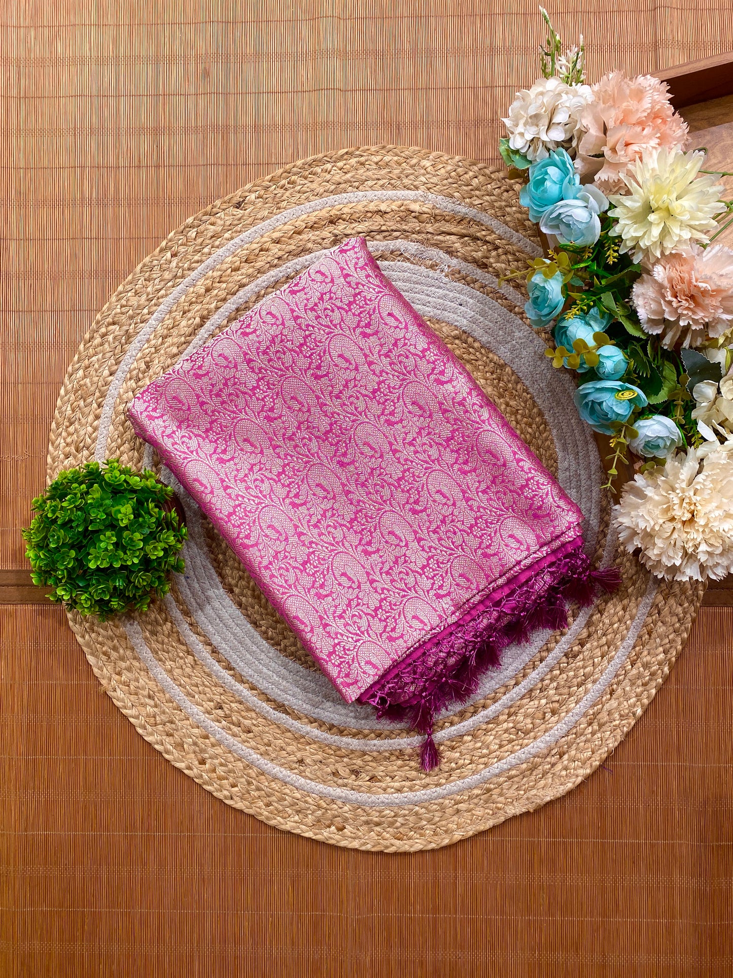 Pink Semi Katan Brocade Silk Saree, With Unstiched Blouse
