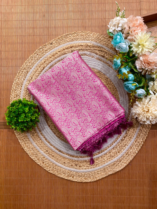 Pink Semi Katan Brocade Silk Saree, With Unstiched Blouse