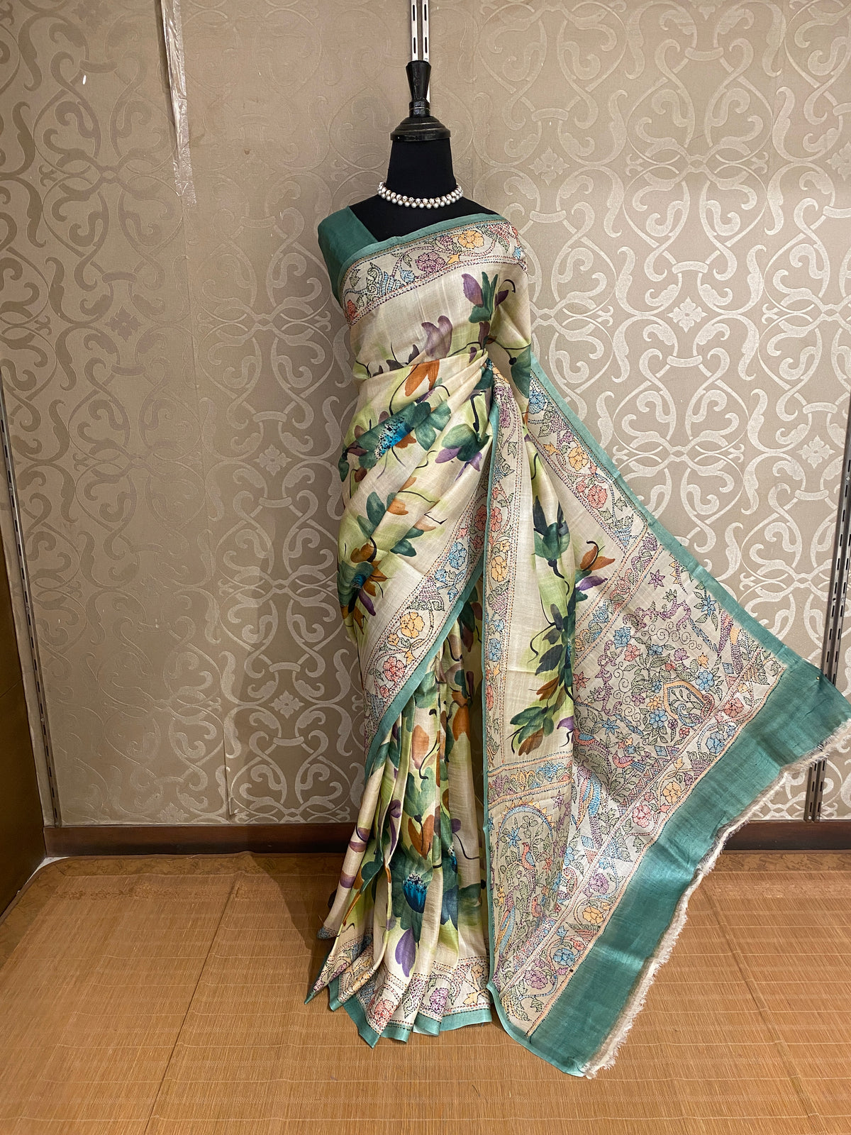 Off-White Tussar Hand Print Kantha Work Border Saree, With Unstitched Blouse