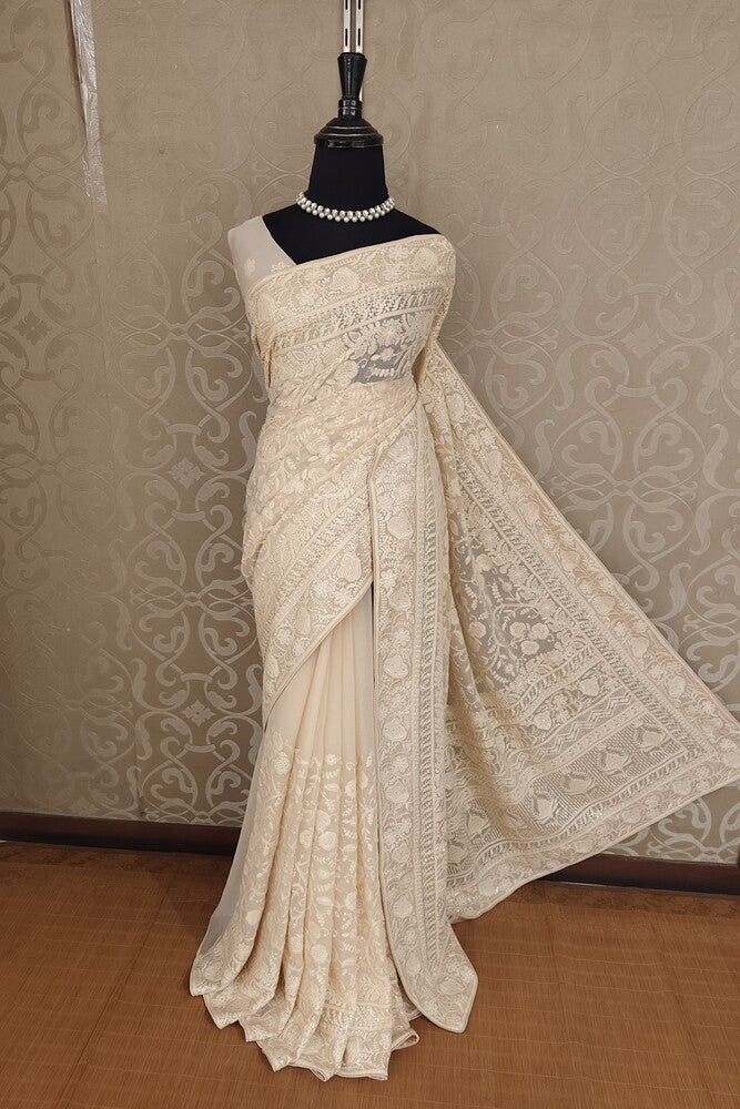 Off-White Georgette Saree With Chikankari Embroidery, Unstitched Blouse