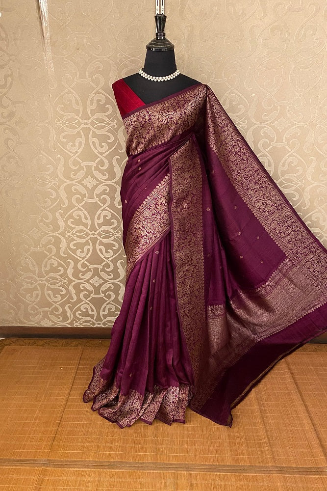 Wine Pure Raw Tussar Banarasi Silk Saree, Hand Woven Motifs With Unstiched Blouse