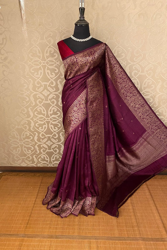 Wine Pure Raw Tussar Banarasi Silk Saree, Hand Woven Motifs With Unstiched Blouse