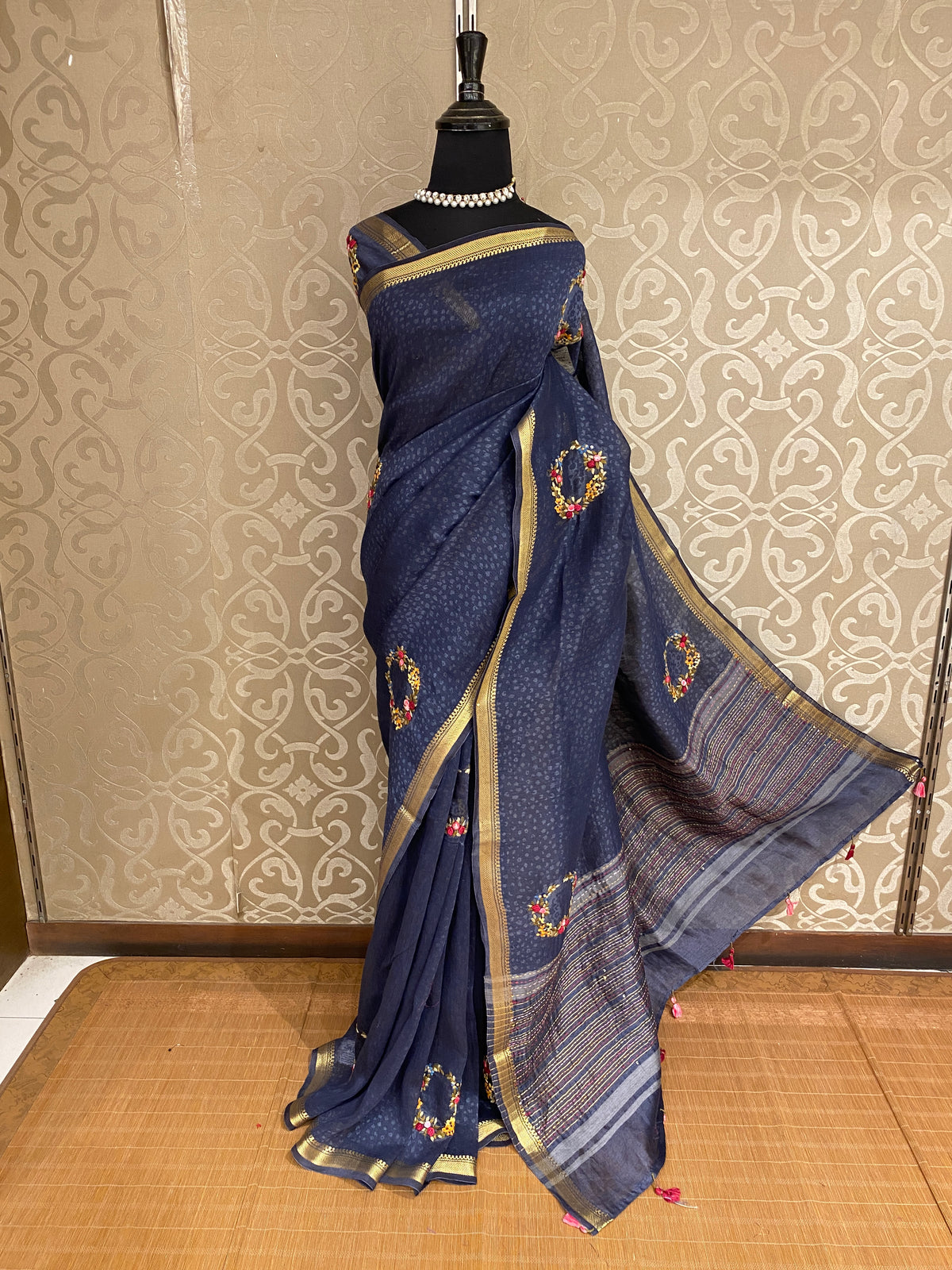 Navy Blue Linen Silk Saree Hand Embroidered Work, With Unstiched Blouse