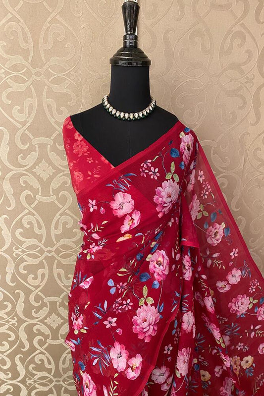 Cherry red floral printed chiffon saree with unstiched blouse piece, perfect for party wear from Saarang Sarees.