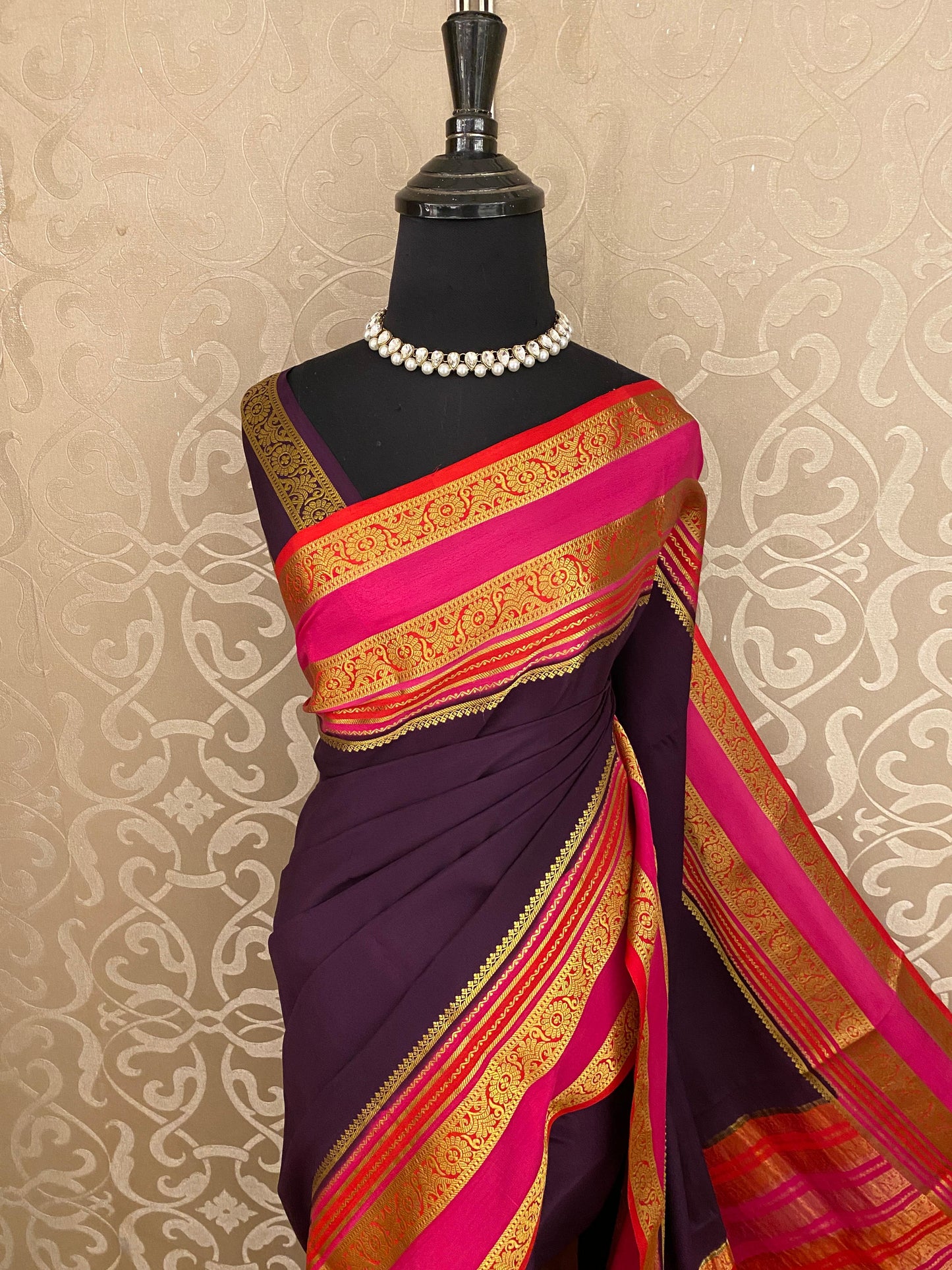 Deep Violet Mysore Crepe Banarasi Silk Saree With Unstiched Blouse