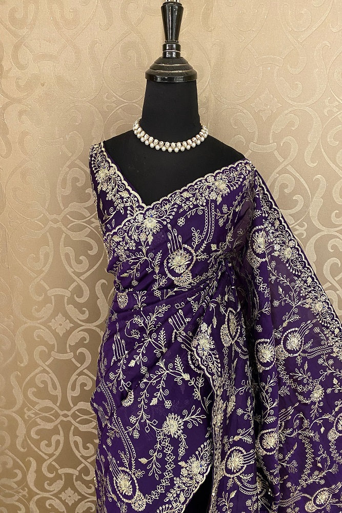 Purple Soft Organza Silk Embroidery Saree, With Unstiched Blouse