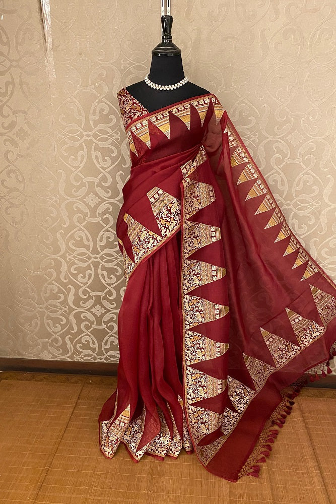 Red Organza Printed Saree With Pita Zari Border, With Unstiched Blouse