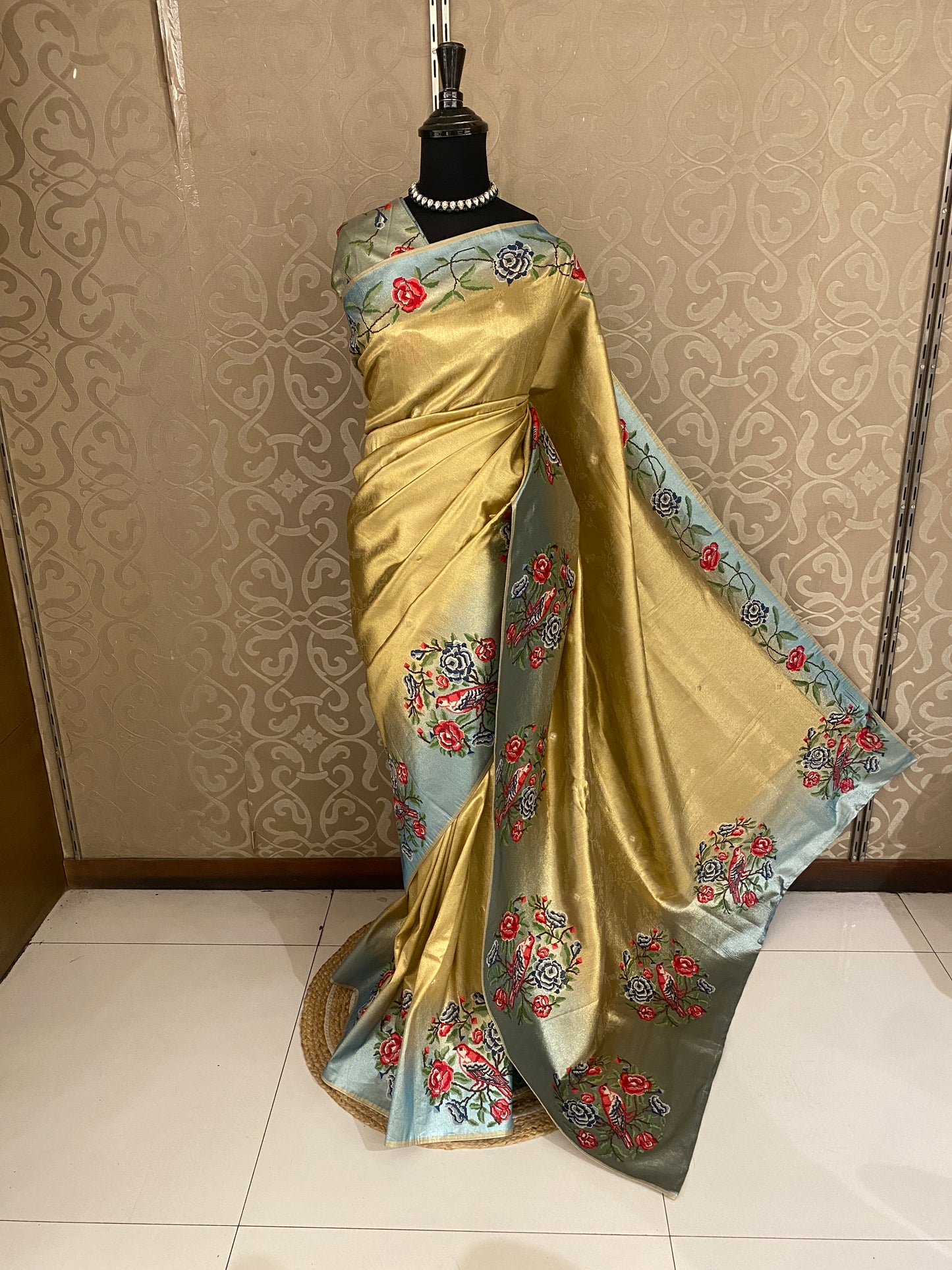 Golden Tissue Embroidery Saree, With Unstiched Blouse