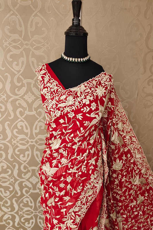 Red Georgette Saree With Parsi Work, With Unstiched Blouse