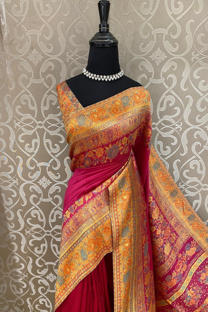 Magenta Pure Kani Handloom Silk Saree With Unstiched Floral Woven Blouse - Saarang Sarees