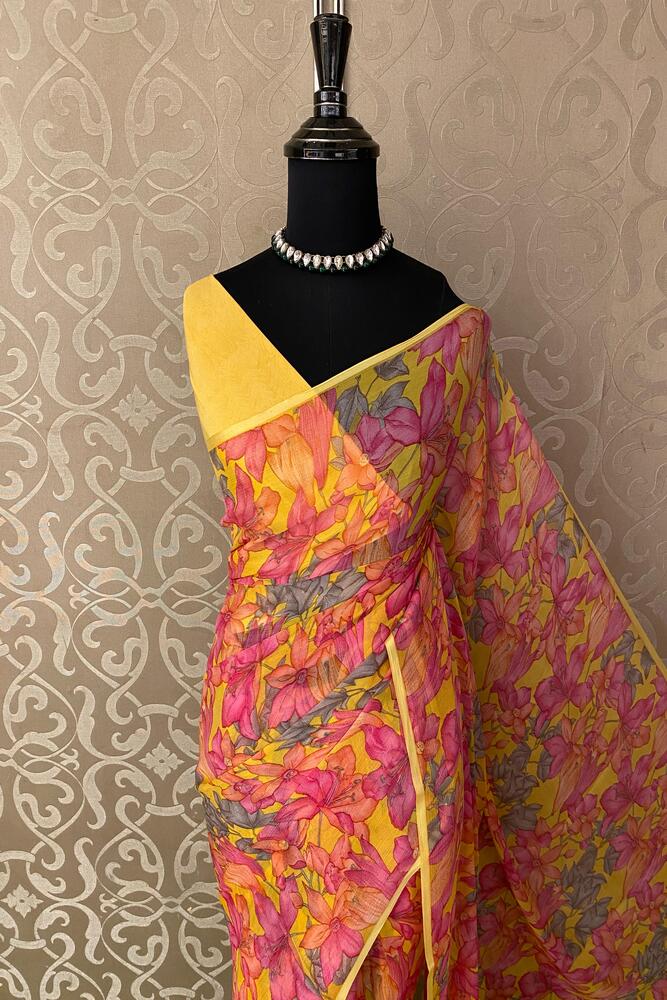 Yellow Floral Printed Chiffon Saree, With Unstiched Blouse Piece