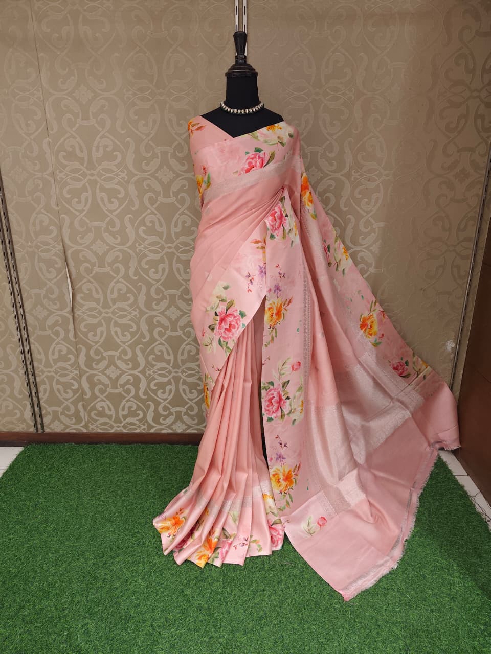 Peach Pink Tussar Banarasi Saree With Digital Mashru Border Print, With Unstiched Blouse