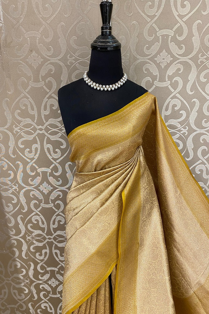 Mustard Yellow Brocade Chanderi Silk With Unstiched Blouse