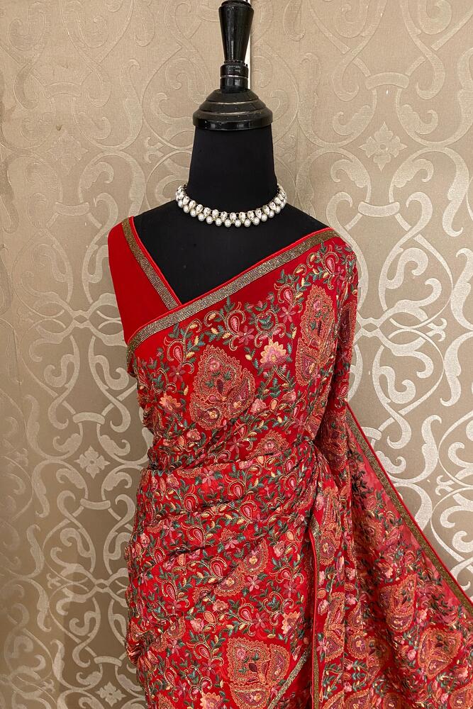 Cherry Red Georgette Saree With Kashmiri Work, With Unstiched Blouse