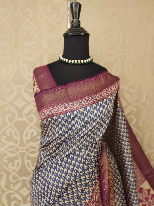 Blue Munga silk printed saree with Kantha work and unstitch blouse from Saarang Sarees, showcasing intricate traditional craftsmanship.